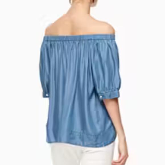 Broome Street Kate Spade Blue Soft Chambray Off The Shoulder Short Sleeve Top - Picture 2 of 14